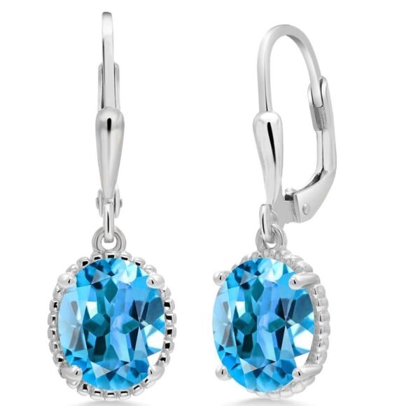 925 Sterling Silver with 4.50 Cttw Swiss Blue Topaz Oval Leverback Hook Earrings